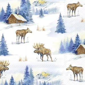 Decoupage Napkins- Christmas Elk Cabin Woods Wilderness Paper Napkins- Set of 3 - Luncheon Size