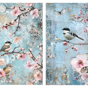 May include: Two-panel artwork featuring birds perched on flowering branches against a light blue backdrop. The artwork includes butterflies and floral elements in shades of pink, white, and gold. The style is reminiscent of vintage botanical illustrations.