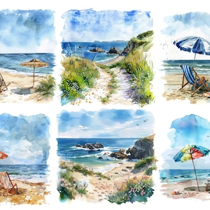 May include: A watercolor painting of six different beach scenes. Each scene features a beach with blue water, white sand, and a blue sky with white clouds. Some scenes include beach chairs, umbrellas, and paths leading to the beach.
