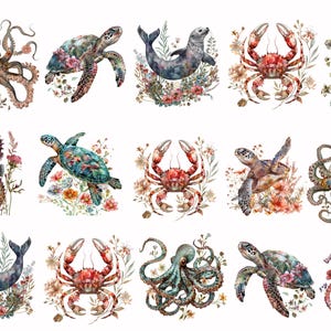 May include: Watercolor illustrations of various sea creatures, including an octopus, sea turtle, seal, crab, and seahorse. Each creature is surrounded by colorful flowers and foliage.