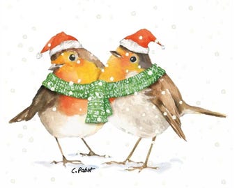 Decoupage Napkins- Love Birds Christmas Robin Paper Napkins- Set of 3 - Luncheon Size