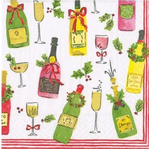 Decoupage Napkins- Christmas Wine & Champagne Paper Napkins- Set of 3- Cocktail Size