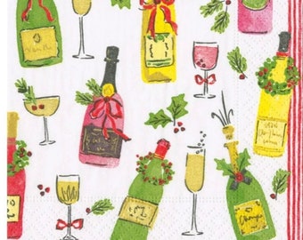 Decoupage Napkins- Christmas Wine & Champagne Paper Napkins- Set of 3- Cocktail Size