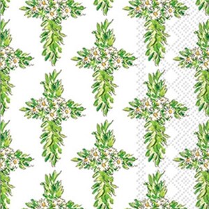 May include: White background with a repeating pattern of green floral crosses. Each cross is made of green leaves and white flowers.