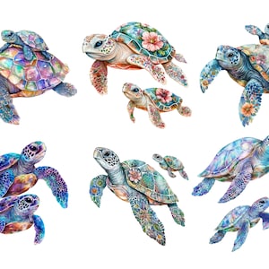 May include: A watercolor painting of nine colorful sea turtles with floral designs. The turtles are swimming in different directions and some are carrying smaller turtles on their backs.