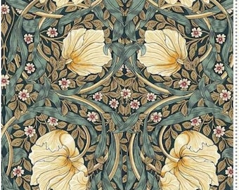 May include: A repeating pattern featuring large, cream-colored flowers with yellow centers, surrounded by teal leaves and small pink flowers on a dark background. The design has a vintage, botanical aesthetic, with a border of small dots.