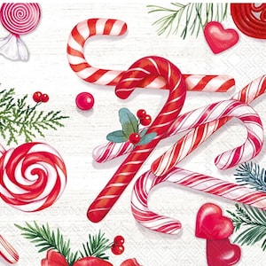 Decoupage Napkins- Christmas Candy Cane Paper Napkins- Set of 3- Cocktail Size