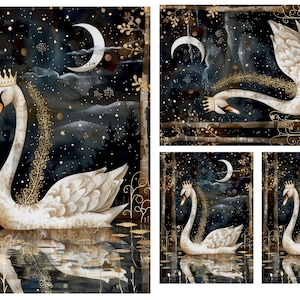 May include: A white swan with a gold crown on its head is swimming in a dark blue lake with a crescent moon and stars in the background. The swan is surrounded by gold vines and leaves.