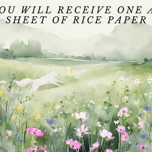 May include: A watercolour painting of a white fox running through a field of wildflowers. The fox is running towards a yellow butterfly. The background is a soft green and blue watercolour wash.