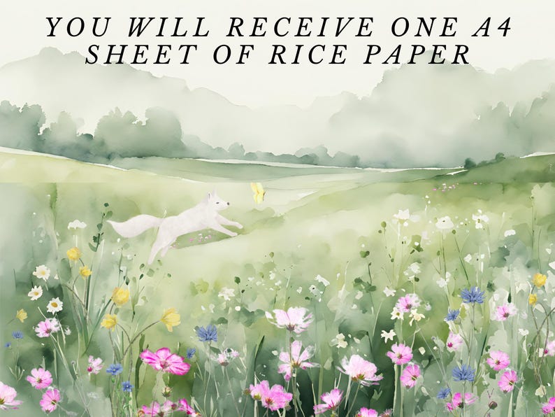 May include: A watercolour painting of a white fox running through a field of wildflowers. The fox is running towards a yellow butterfly. The background is a soft green and blue watercolour wash.