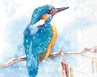 Decoupage Napkins- Christmas Bird  Kingfisher on Branch Paper Napkins- Set of 3 - Cocktail Size