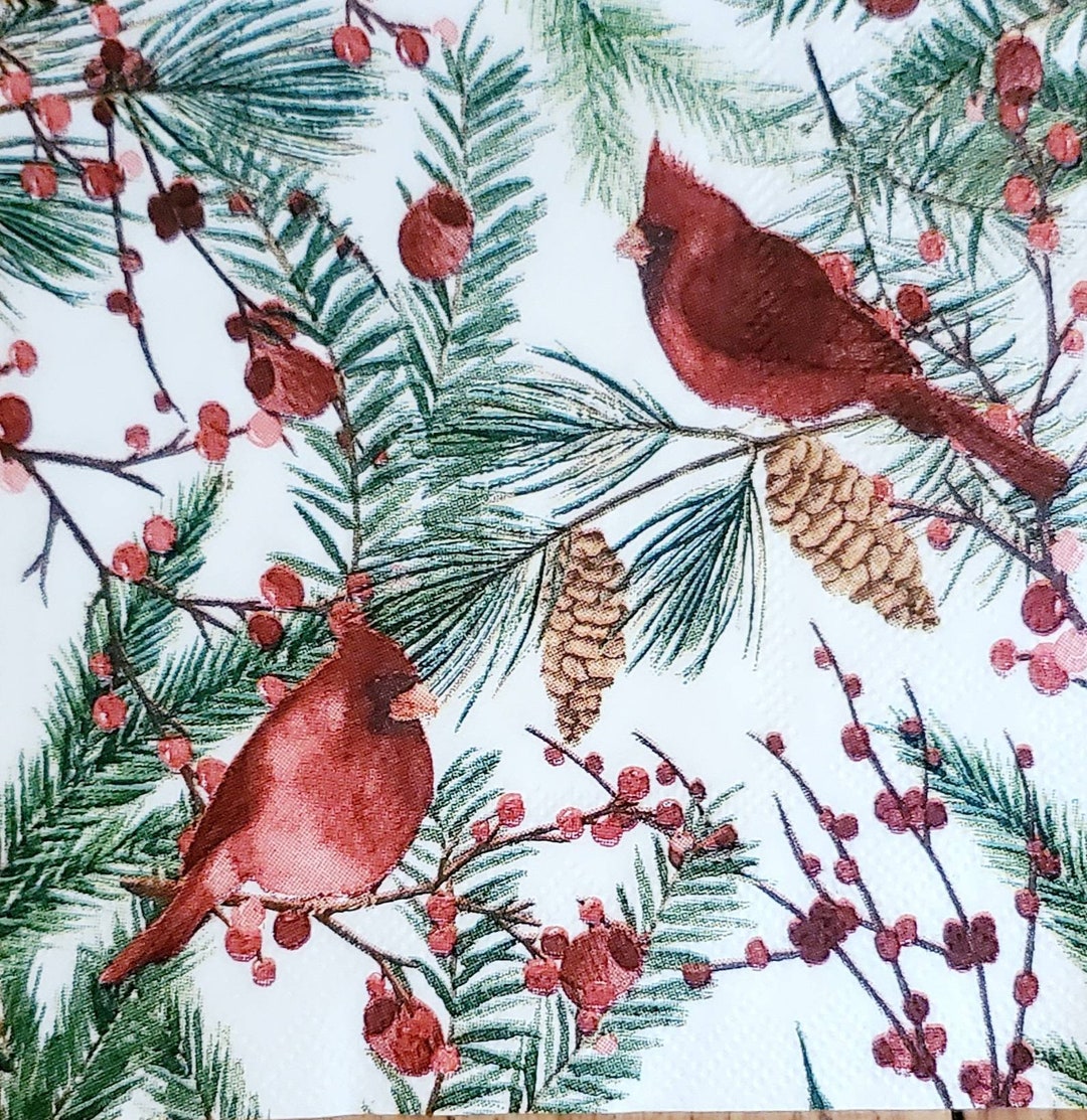 Decoupage Paper Napkins Winter Cardinal Paper Napkins Set of 3 Cocktail Size Etsy
