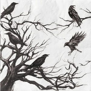 May include: Black and white illustration of five crows perched on bare branches of a tree. The crows are drawn in a realistic style with detailed feathers and sharp beaks. The branches are thin and twisted, creating a sense of mystery and intrigue.