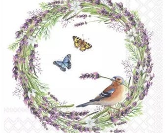 Decoupage Napkins - Spring Bird & Lavender Wreath Paper Napkins- Set of 3- Cocktail Size
