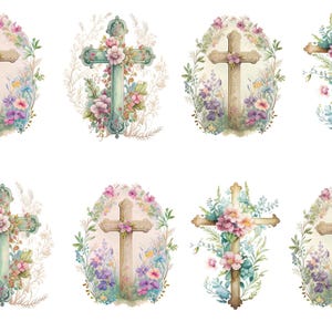 May include: Watercolor illustrations of crosses adorned with floral arrangements. The crosses feature pastel colors, including beige, green, and pink, and are surrounded by flowers and foliage, creating a soft, artistic aesthetic.