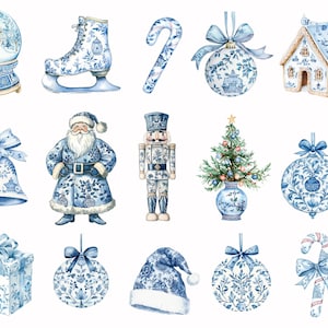 May include: Watercolor illustrations of Christmas-themed ornaments and decorations in blue and white. The image includes a snow globe, ice skate, candy cane, bell, Santa Claus, nutcracker, Christmas tree, gift box, and ornaments.