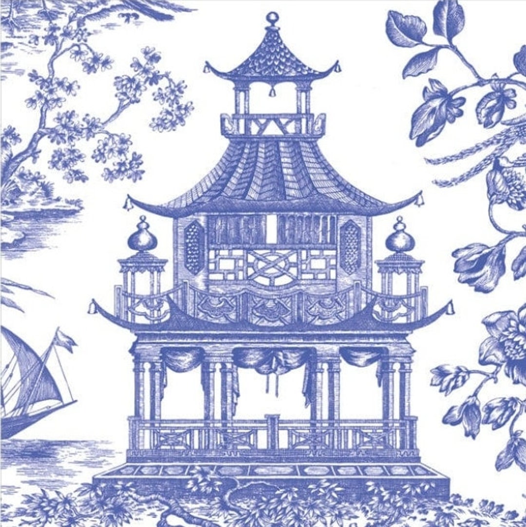 Decoupage Napkins Blue and White Chinoiserie Pagoda Paper Napkins Set