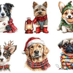 May include: Watercolor illustrations of six different dogs dressed in festive holiday attire. A border collie holds a letter, a Yorkie wears a scarf and boots, and a corgi wears an elf hat. A chihuahua has antlers, a golden retriever wears a Santa hat, and a pug is wrapped in lights.