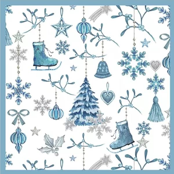 Decoupage Napkins- Blue Christmas Paper Napkins- Set of 3 - Luncheon Size