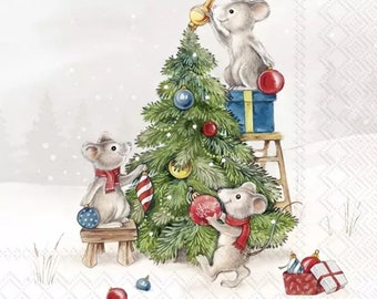 Decoupage Paper Napkins - Christmas Mice Mouse Paper Napkins - set of 3 - Cocktail napkins