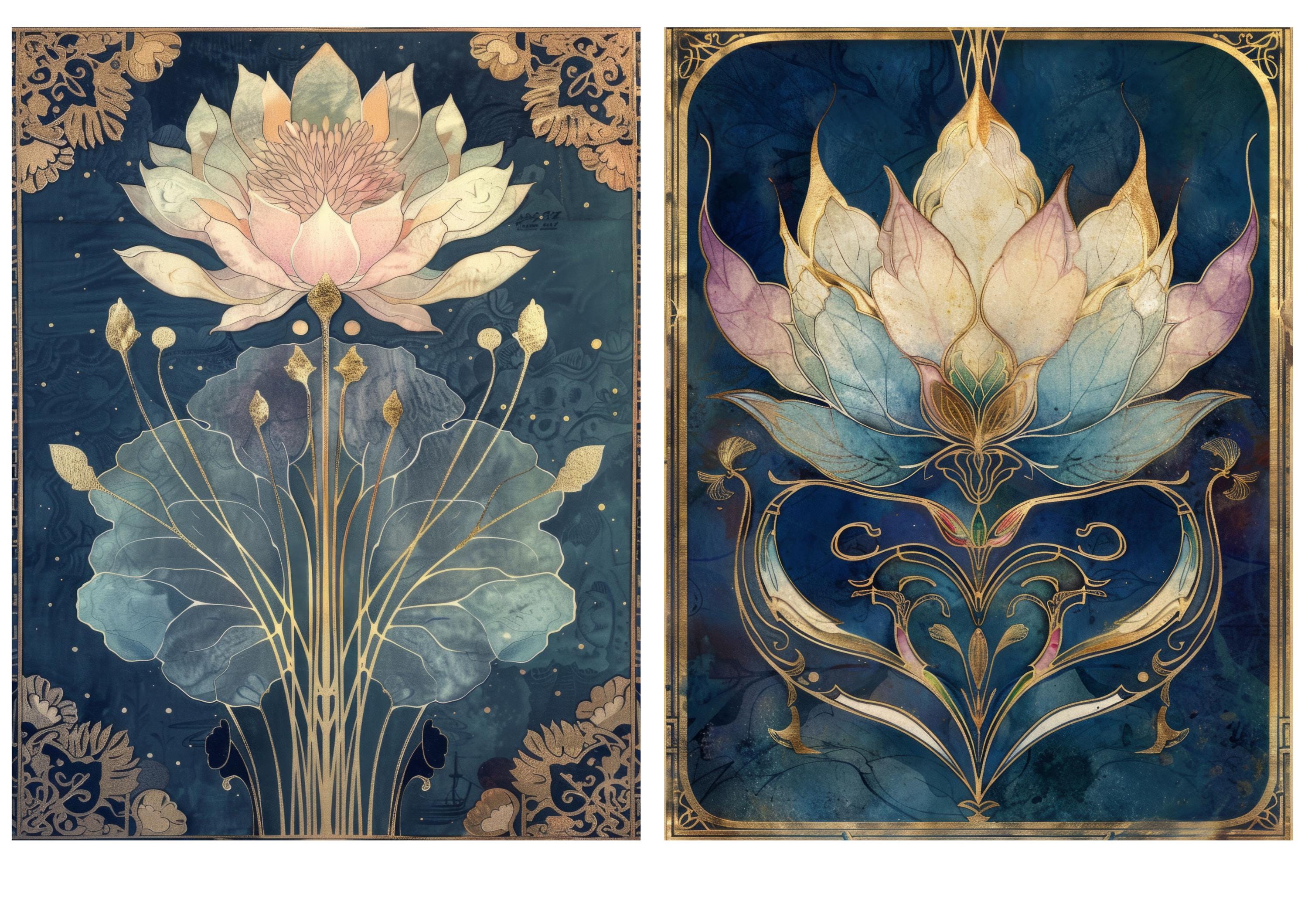 Rice Paper for Decoupage / Lotus Flower Art Nouveau Art Deco / 1 Rice Paper / A4 / A5 / Customizable