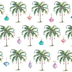 May include: Watercolor illustration of a repeating pattern featuring palm trees adorned with colorful ornaments. The ornaments include teardrop shapes, shells, and layered designs in shades of pink, blue, and teal, creating a festive tropical theme.