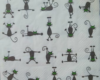 Decoupage Napkins- Halloween Black Cat Yoga Paper Napkins- Set of 3- Cocktail Size
