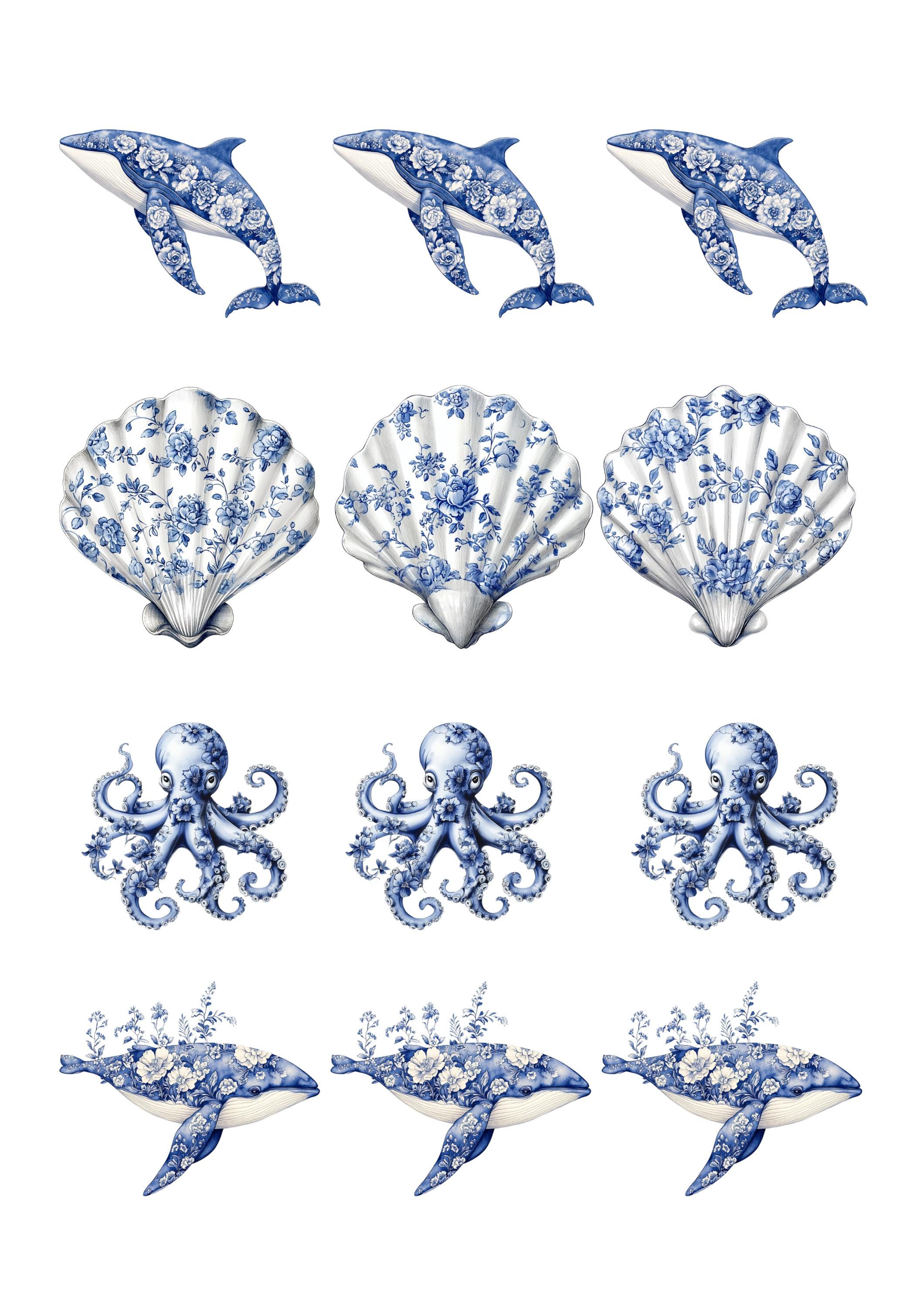 Rice Paper for Decoupage / Blue White Chinoiserie Beach Coastal Octopus ...