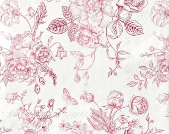 Decoupage Napkins - Red Toile Roses Flowers Paper Napkins - Set of 3 - Luncheon Size