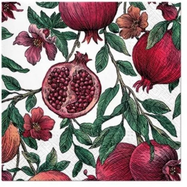 Decoupage Napkins- Pomegranate Paper Napkins- Set of 3- Cocktail Size