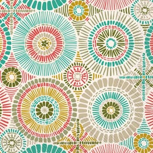 May include: A seamless pattern with a repeating design of colorful circles with concentric rings. The circles are in shades of teal, red, yellow, and green. The background is a light beige.