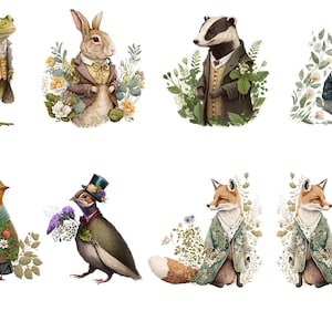 May include: A collection of eight whimsical animal illustrations, each dressed in a dapper suit and surrounded by foliage. The animals include a frog, rabbit, badger, duck, robin, pheasant, and two foxes.