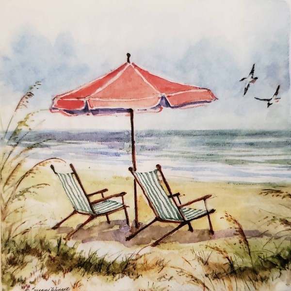 Decoupage Napkins- Beach Scene Umbrella Paper Napkins- Set of 3- Cocktail Size