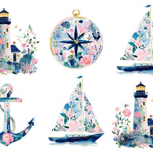 May include: A collection of six watercolor illustrations featuring two lighthouses surrounded by pink flowers, a circular compass with floral patterns, two sailboats with floral sails, and a large anchor decorated with pink flowers and blue leaves.