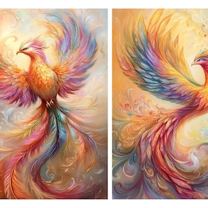 May include: Two colorful phoenixes with vibrant wings and tails, painted in a realistic style against a soft, golden background.