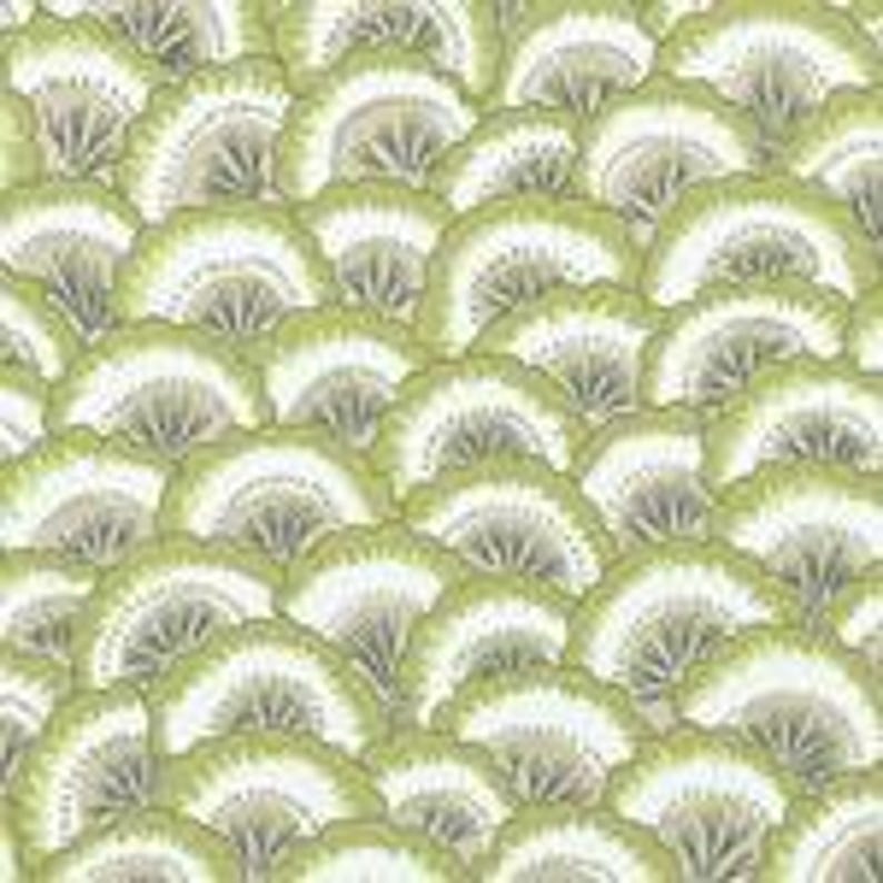 May include: A repeating pattern of green, white, and gray fan-shaped designs. The design resembles a stylized version of a mushroom.
