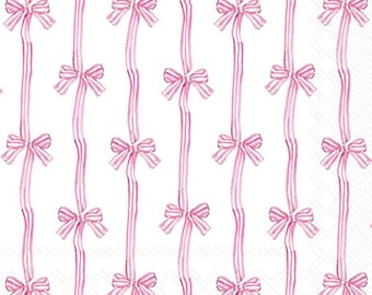 Decoupage Napkins- Pink Stripe Bow Paper Napkins- Set of 3 - Luncheon Size