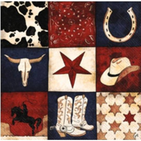 Decoupage Napkins- Western Cowboy Cowgirl Horse Star Horseshoe Skull Paper Napkins- Set of 3- Cocktail Size