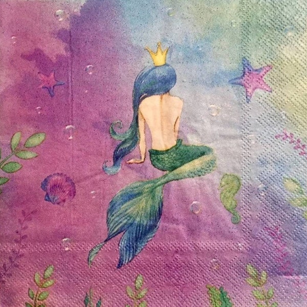 Decoupage Napkins- Mermaid Paper Napkins- Set of 3 - - Luncheon Size