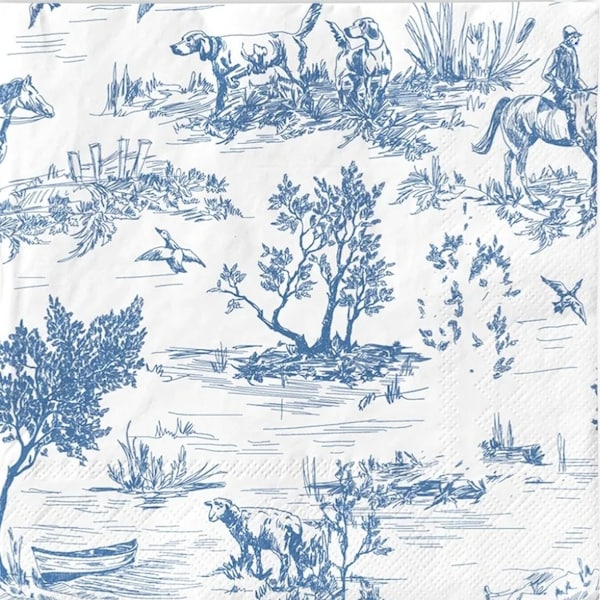 Decoupage Napkins - Blue White Toile Horses Dogs Hunting Countryside Paper Napkins- Set of 3 - Luncheon Size