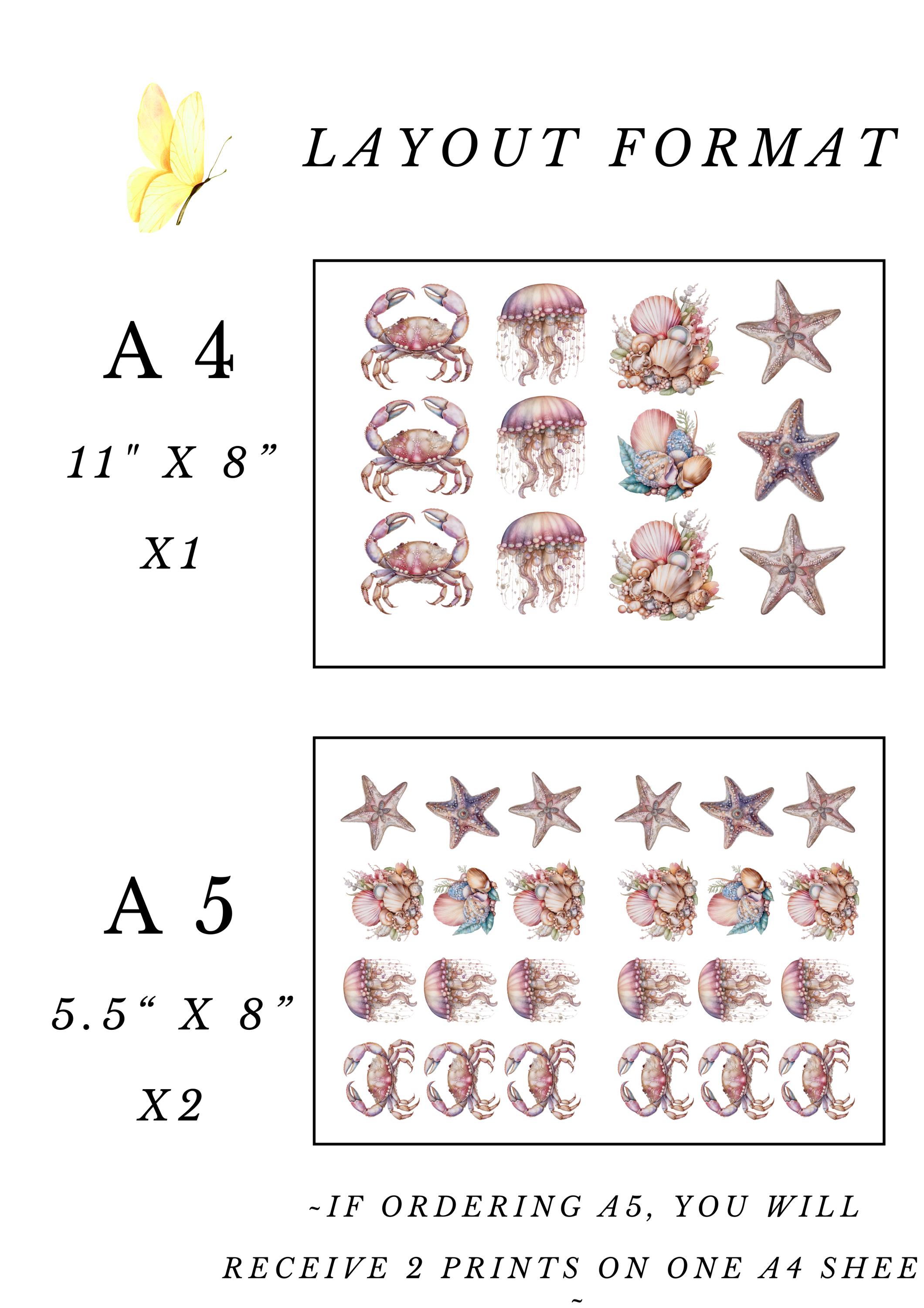 Rice Paper for Decoupage / Pink Crab Octopus Starfish Seashells Ocean ...