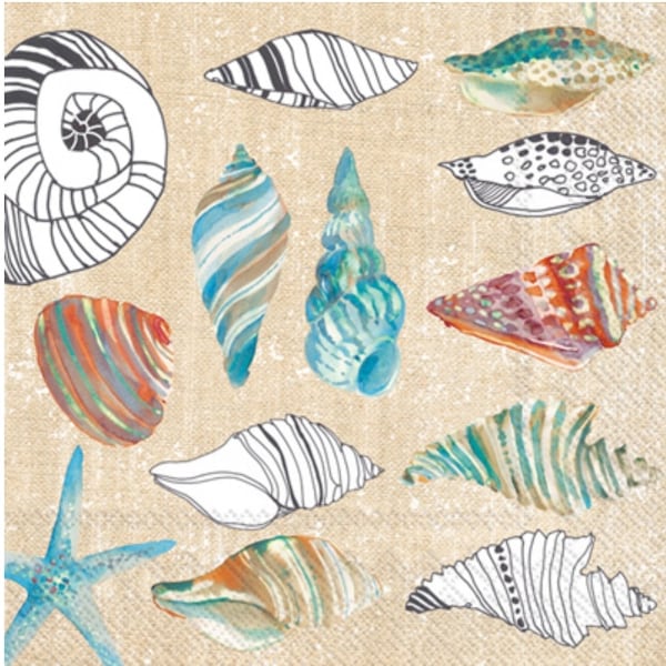 Decoupage Napkins- Beach Seashell Paper Napkins- Set of 3- Cocktail Size