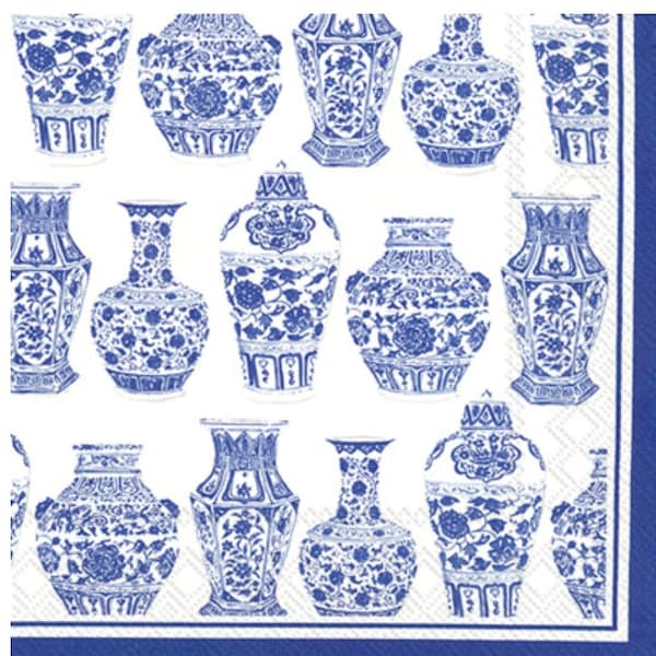 Decoupage Napkins- Blue White Chinoiserie Vases Jars Paper Napkins- Set of 3- Cocktail Size
