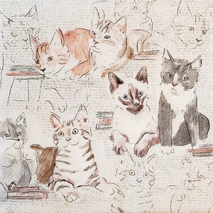 Decoupage Napkins- Cat Library Paper Napkins- Set of 3- Cocktail Size