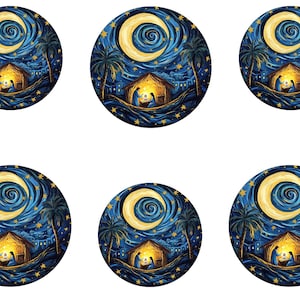 May include: Circular artwork featuring a nativity scene under a crescent moon and starry night sky. The artwork depicts a stable with figures, palm trees, and a town in the background. The color palette includes blues, yellows, and gold.