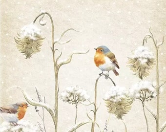 Decoupage Napkins- Winter Birds on Thistles Paper Napkins- Set of 3 - Luncheon Size