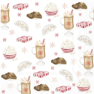 Decoupage Napkins- Christmas Candy Cane Hot Cocoa Paper Napkins- Set of 3- Cocktail Size
