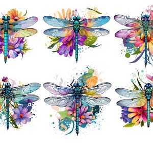 May include: Six colorful dragonfly illustrations with watercolor-style floral backgrounds. Each dragonfly has blue wings with black veins and a turquoise body. The flowers are in shades of pink, purple, yellow, and orange.