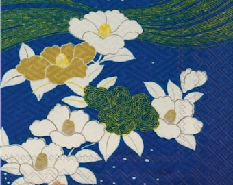 May include: A blue fabric with a white, gold, and green floral pattern. The fabric features a repeating design of stylized flowers with a swirling pattern in the background.