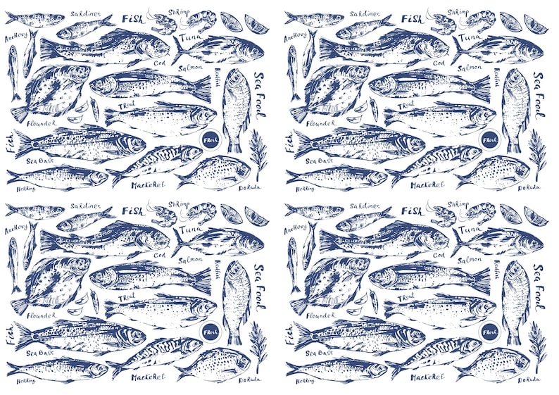 Rice Paper for Decoupage / Blue White Fish Fish Mediterranean Fishing ...